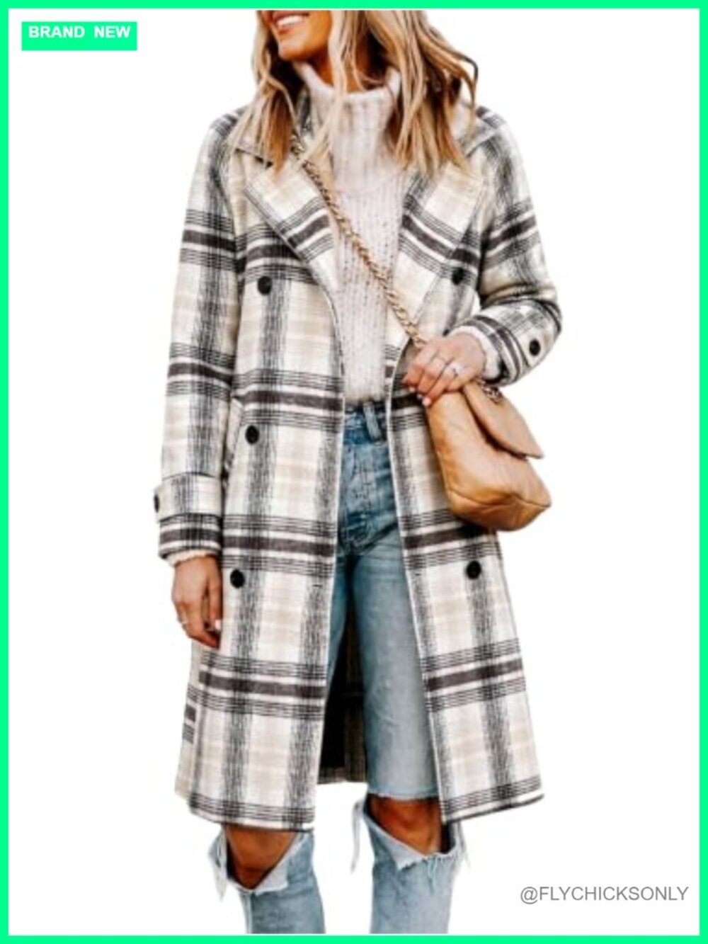 Long Wool Blend Plaid Pea Coat Double Breasted Belted Midi